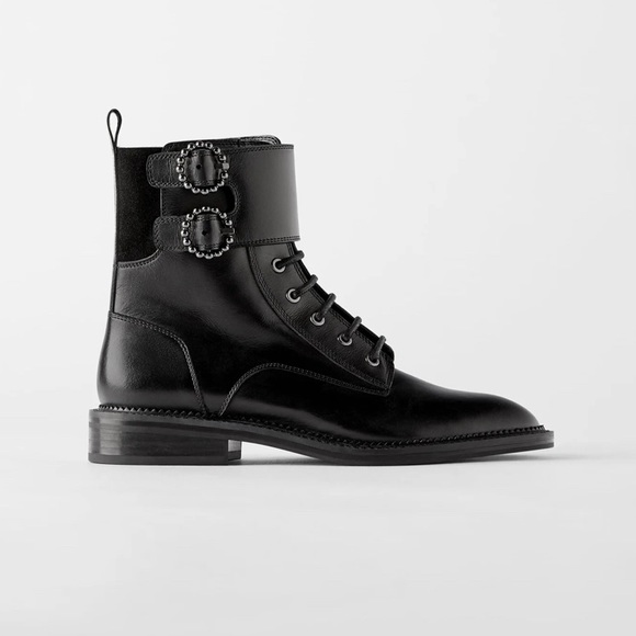 Black ZARA Combat Boots in Leather with Buckles 9 - Picture 3 of 9